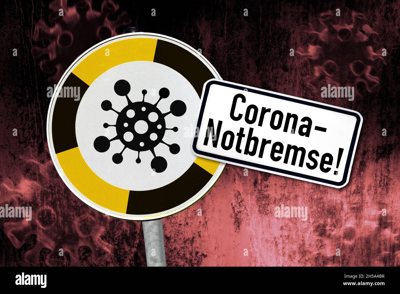 FTOMONTAGE, Schild mit Coronavirus-Symbol und Aufschrift Corona-Nobbremse Foto Stock