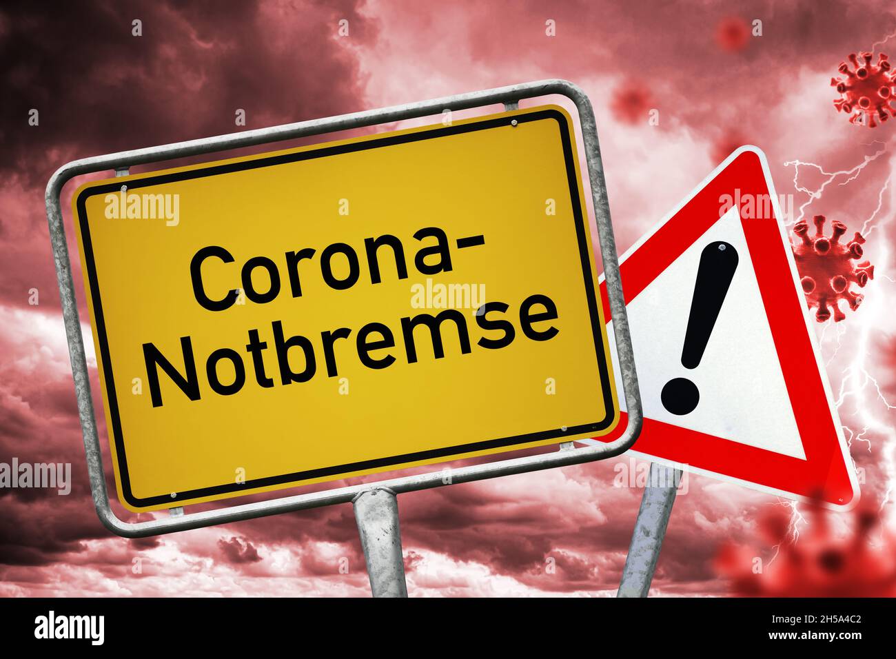 FTOMONTAGE, Ortsschild mit der Aufschrift Corona-Nottremse Foto Stock