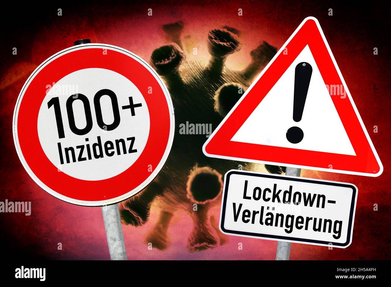 FOTOMONTAGE, Schilder vor Coronavirus, Symbolfoto Lockdown-Verlaengerung Foto Stock