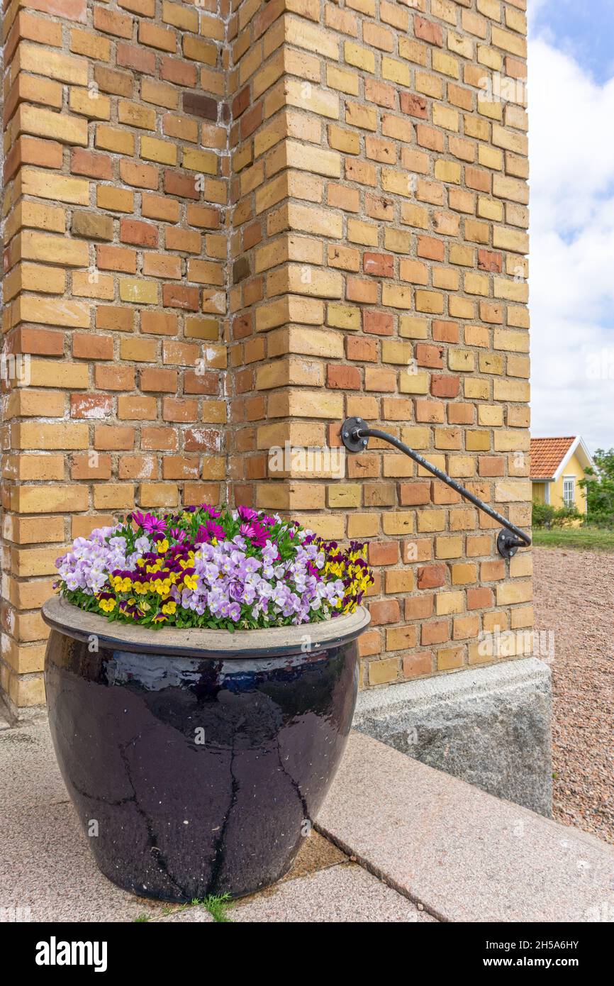 Smögen, Svezia - 9 giugno 2021: Una grande pentola con fiori prima del muro di mattoni e gradini Foto Stock