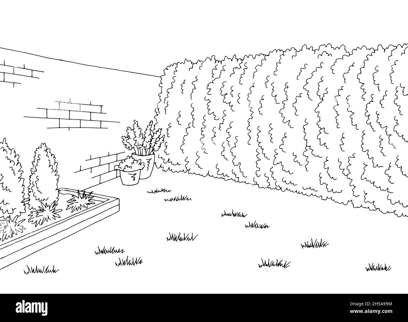 Grafico giardino cortile nero bianco disegno illustrazione vettore Illustrazione Vettoriale