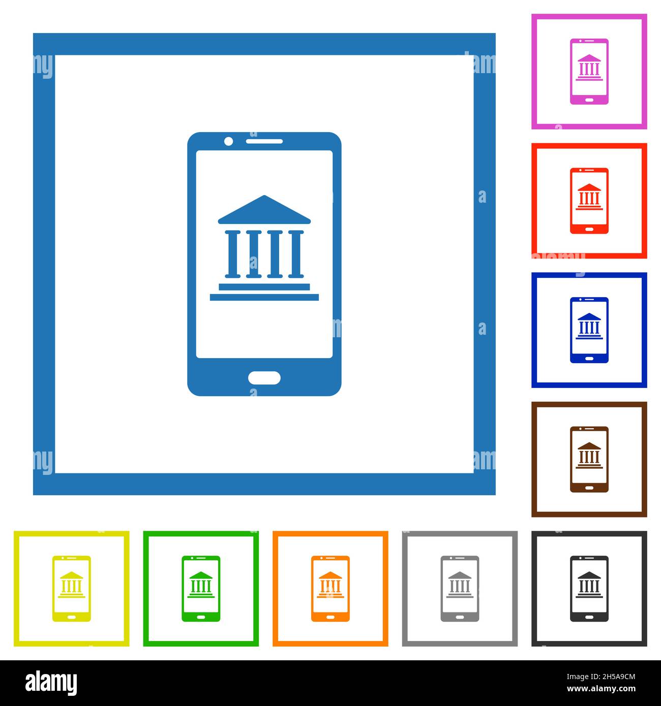 Icone di colore piatto per il mobile banking in cornici quadrate su sfondo bianco Illustrazione Vettoriale