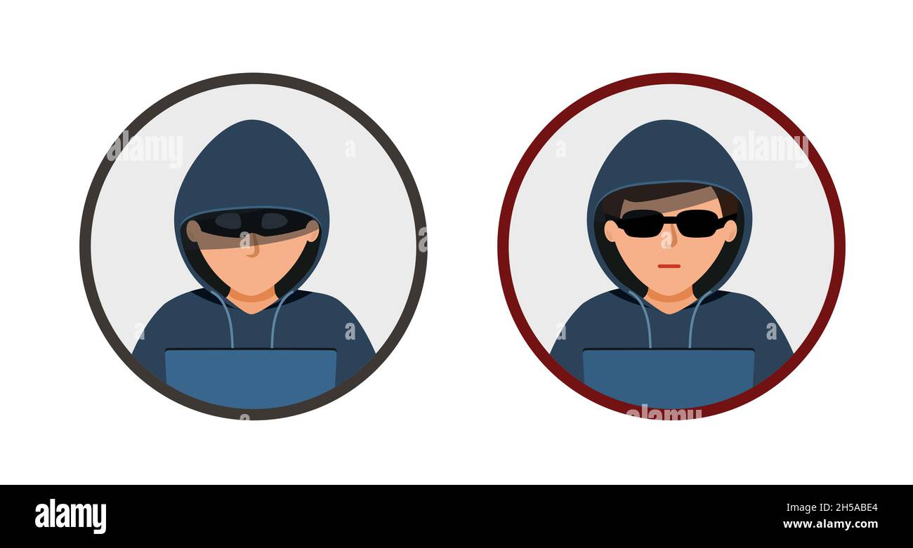 L'icona hacker. L'uomo in una felpa nera è seduto a un computer portatile. Hacker in cerchio isolato Illustrazione Vettoriale