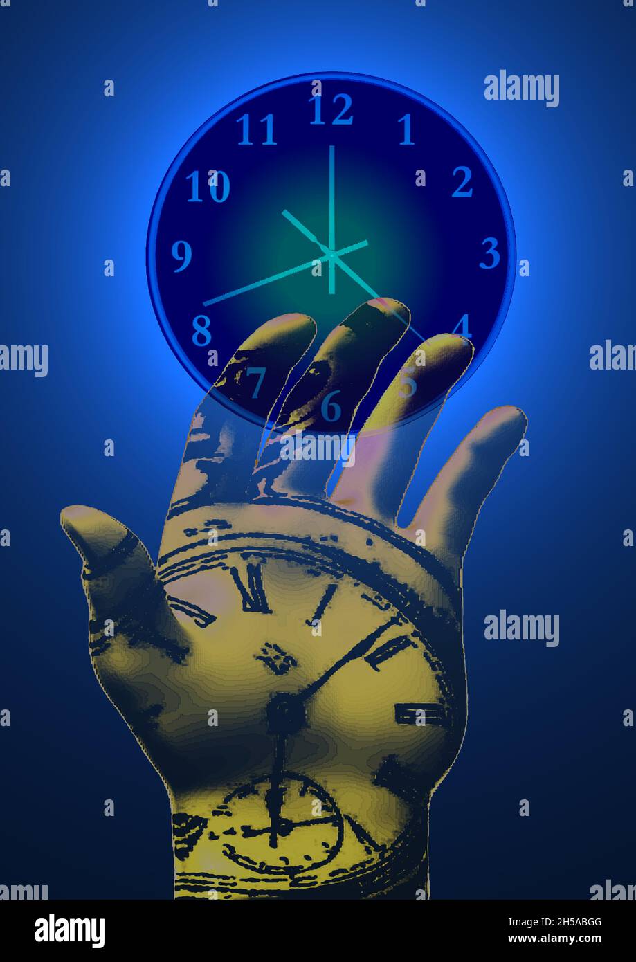 Mano e orologio. Concetto di tempo. Foto Stock