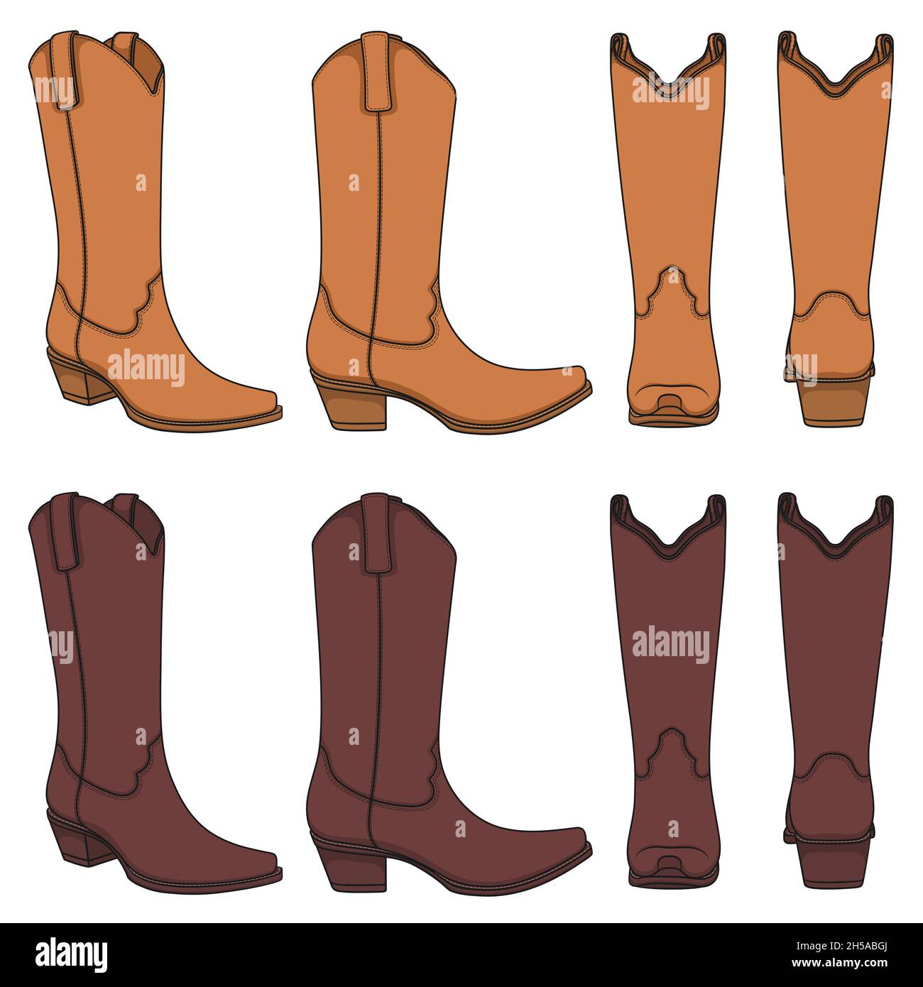 Set di illustrazioni a colori con stivali cowboy. Oggetti vettoriali isolati su sfondo bianco. Illustrazione Vettoriale