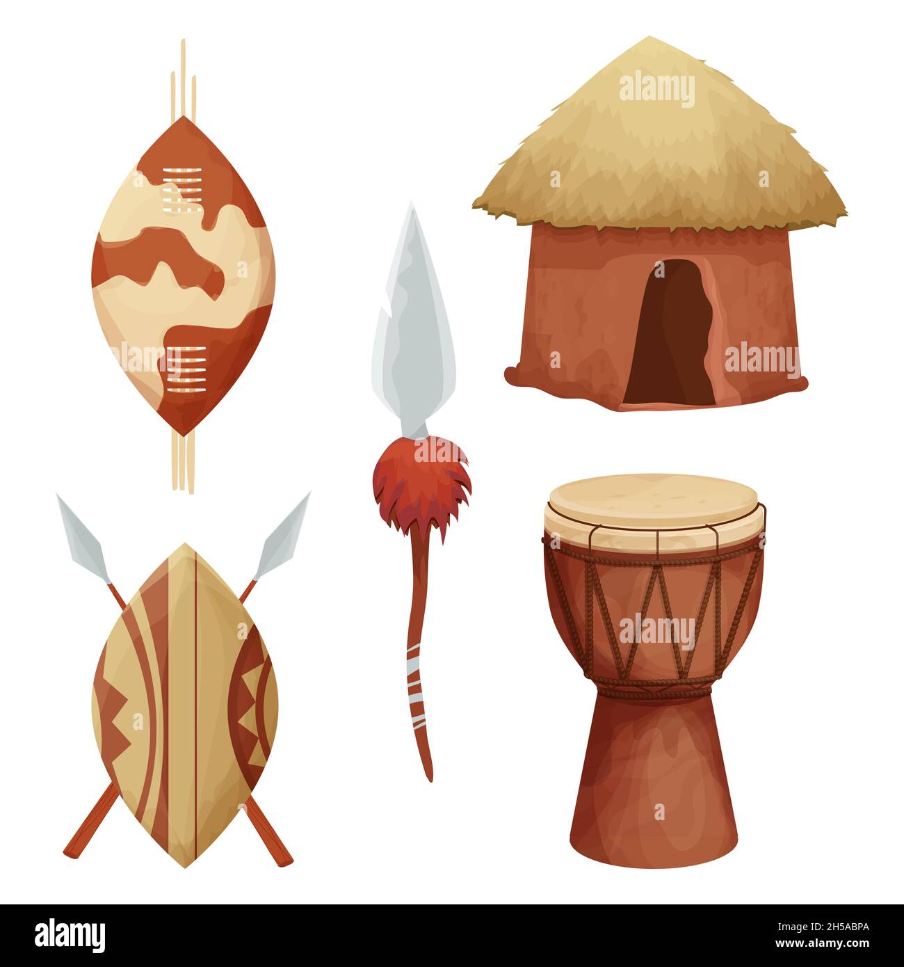 Set capanna africana con tetto di paglia, scudo con lancia, tamburo in stile cartone animato isolato su sfondo bianco. Safari collezione tribale, edificio rurale del deserto. Illustrazione vettoriale Illustrazione Vettoriale