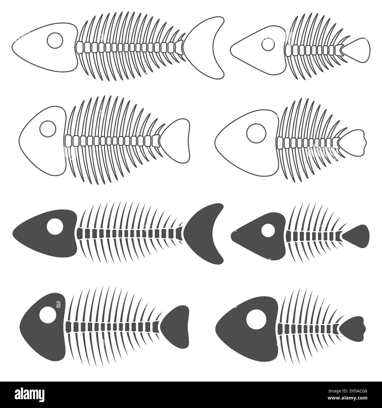 Set di illustrazioni in bianco e nero con scheletri di pesce. Oggetti vettoriali isolati su sfondo bianco. Illustrazione Vettoriale