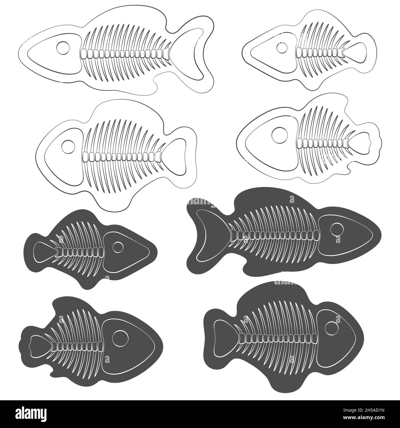 Set di illustrazioni in bianco e nero di pesci con scheletri. Oggetti vettoriali isolati su sfondo bianco. Illustrazione Vettoriale