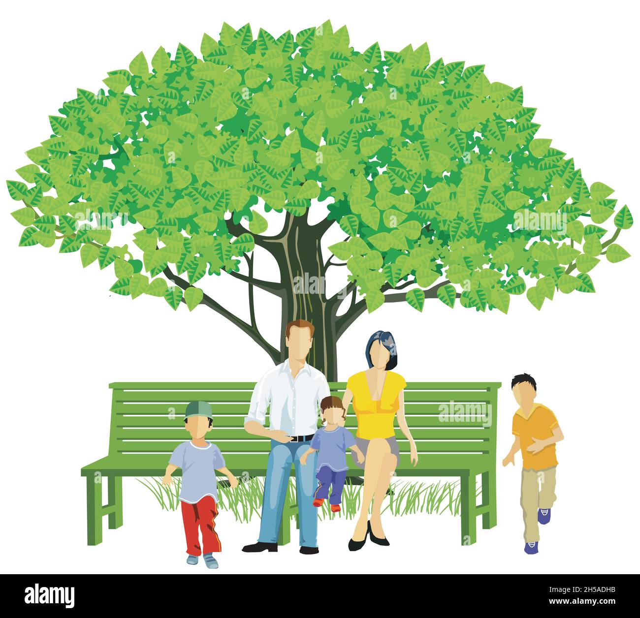 Famiglia con bambini su una panca parco sotto un albero , Illustrazione Illustrazione Vettoriale