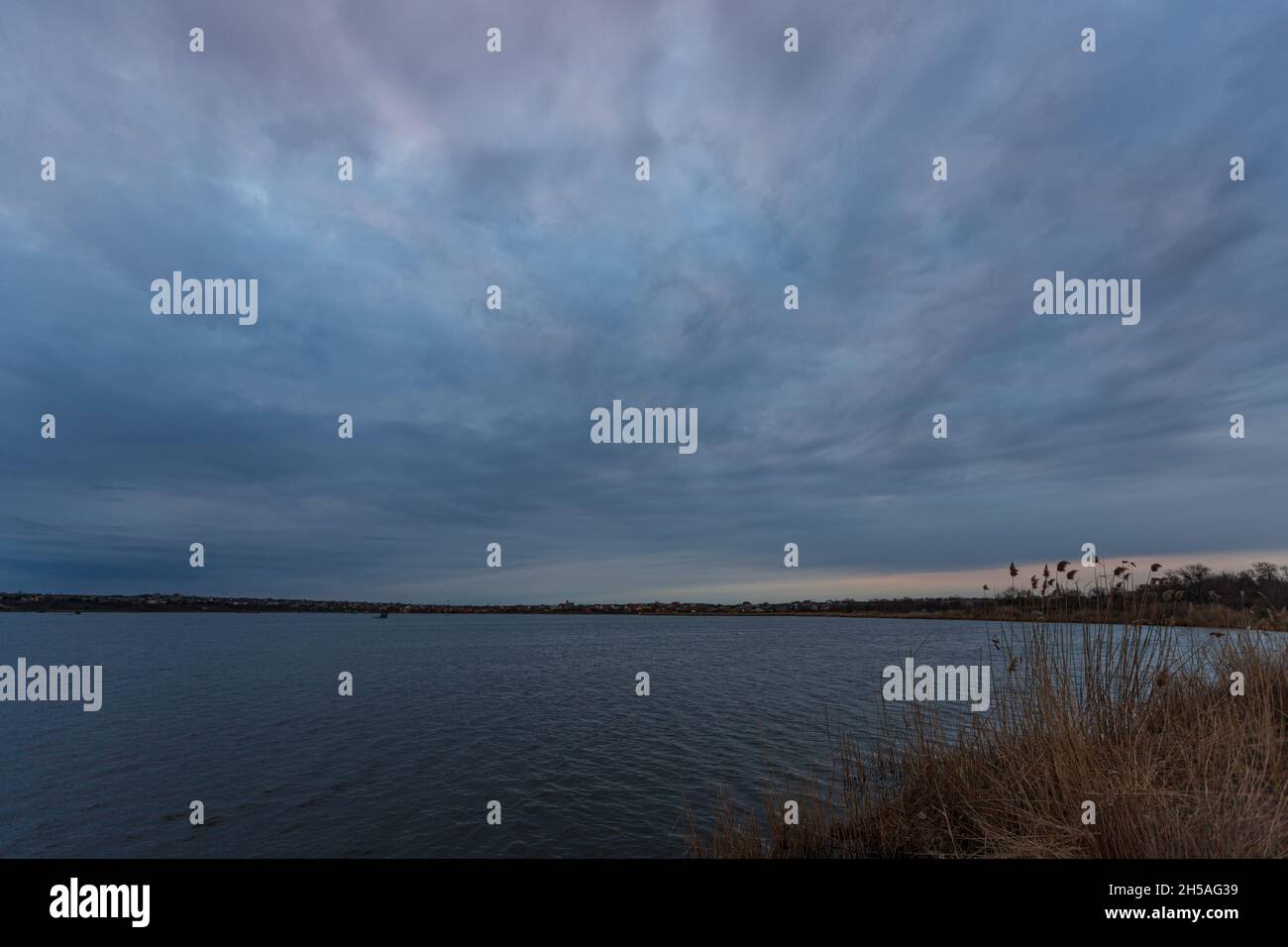 Tarda sera al lago. Coperto e nuvoloso con canne in primo piano Foto Stock