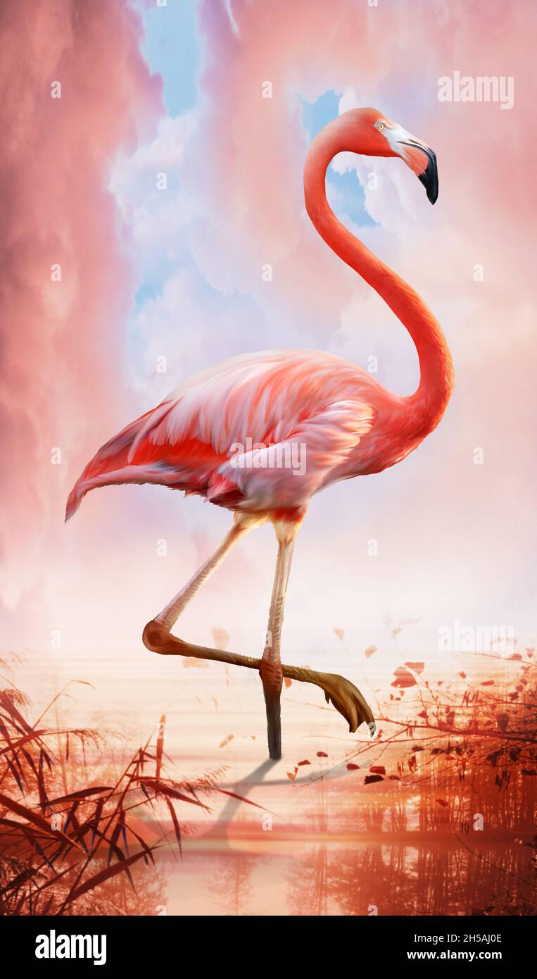 Flamingo dolce e romantico, disegno realistico di un amato uccello, come simbolo di eleganza e bellezza della natura Foto Stock