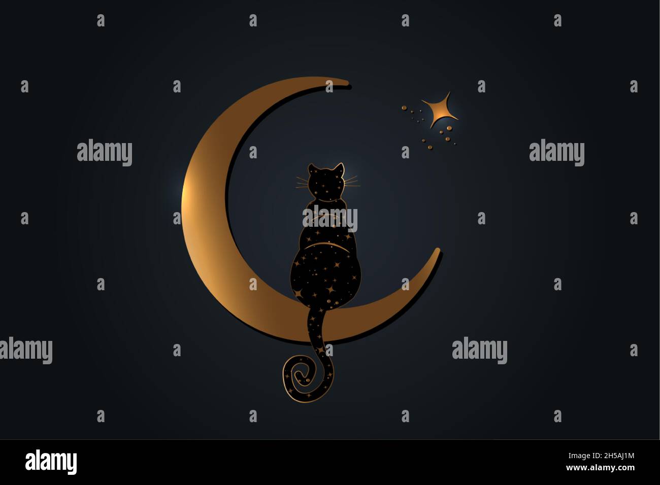 Gatto nero seduto sulla Luna crescente, guarda le stelle. Simbolo Golden wicca, stile boho. Illustrazione vettoriale isolata su sfondo nero Illustrazione Vettoriale