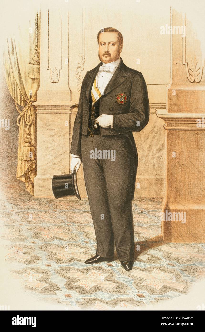 Cavaliere con l'insegna della Grande Croce dell'Ordine reale di Isabella il Cattolico, una distinzione creata nel 1815, durante il regno di Ferdinando VII, in onore della Regina Isabella I. Chromolithography. "Historia de las Ordenes de Caballería y de las Condecoraciones Españolas" (Storia degli ordini di cavalleria e delle decorazioni spagnole). Madrid, 1865. Foto Stock