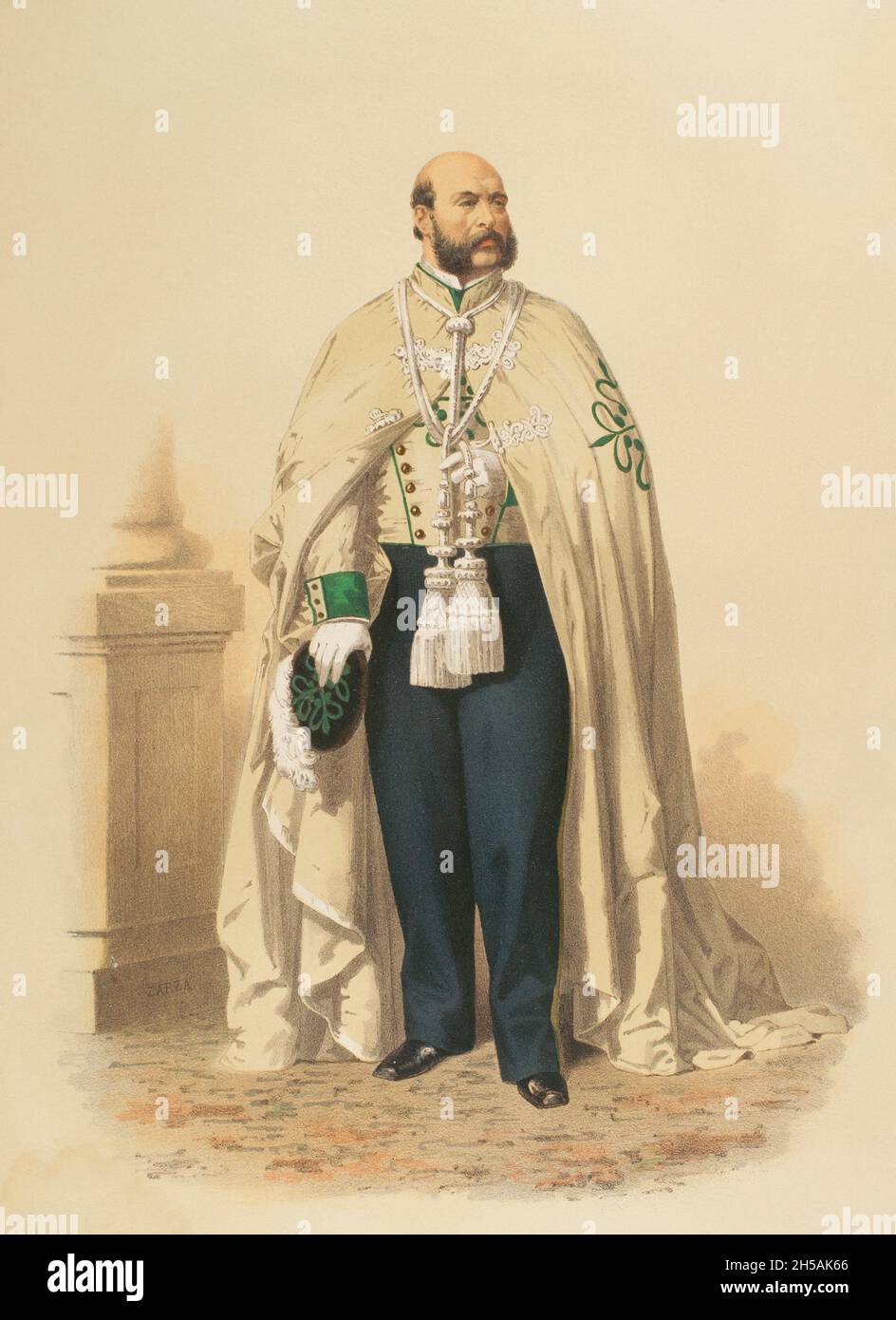 Cavaliere dell'Ordine di Alcántara in abito cerimoniale. Chromolithography. Historia de las Ordenes de Caballería y de las Condecoraciones Españolas (Storia degli ordini di Chivalry e delle decorazioni spagnole). Madrid, 1865. Foto Stock