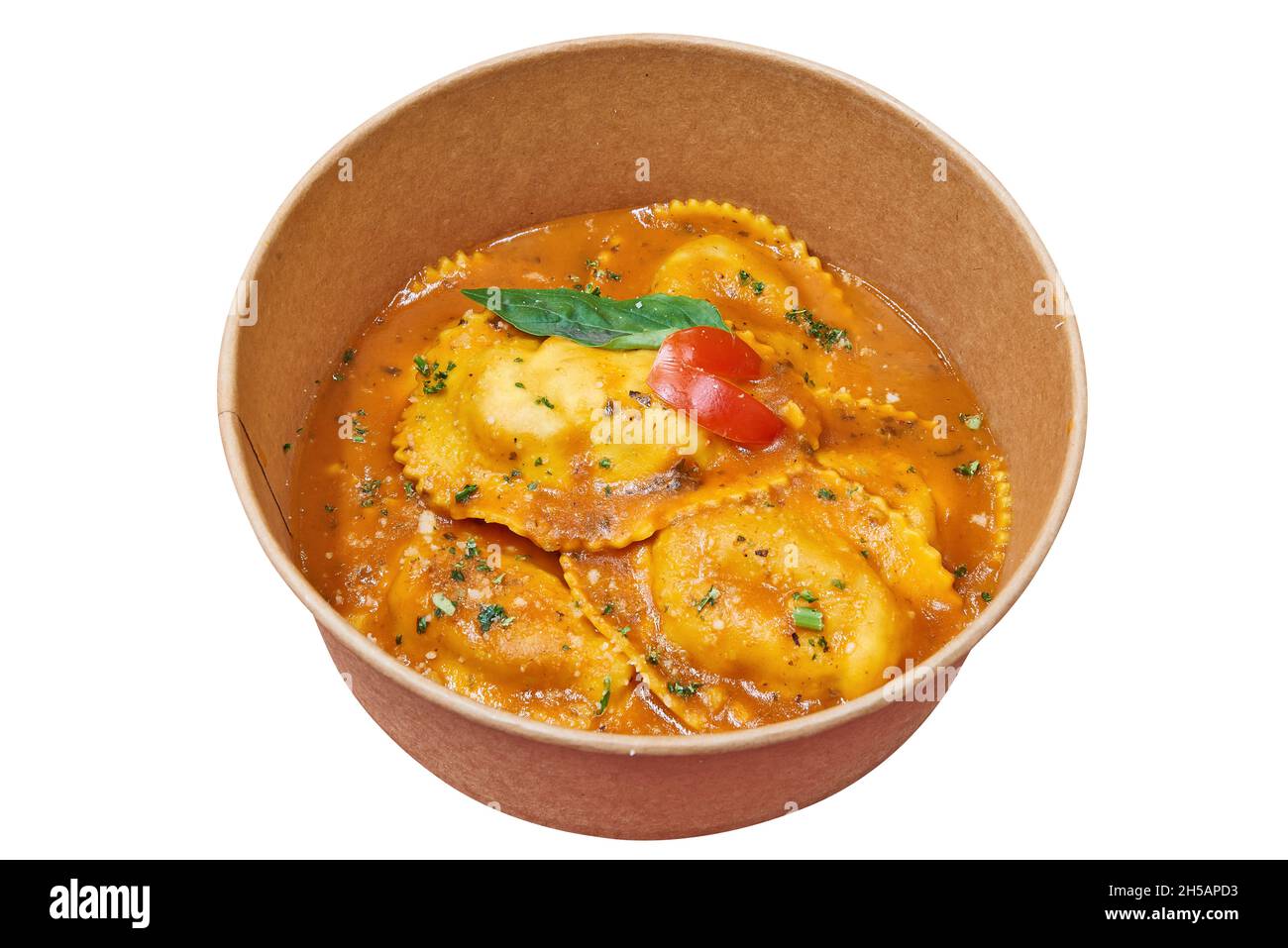 Scatola secchiello consegna con ravioli di aragosta. Isolato con tracciato di ritaglio Foto Stock