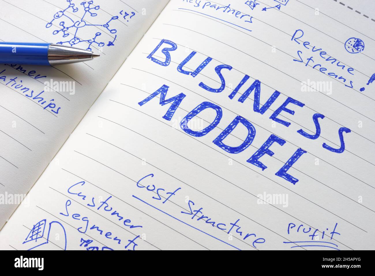 Modello aziendale scritto a mano nel notebook con contrassegni. Foto Stock