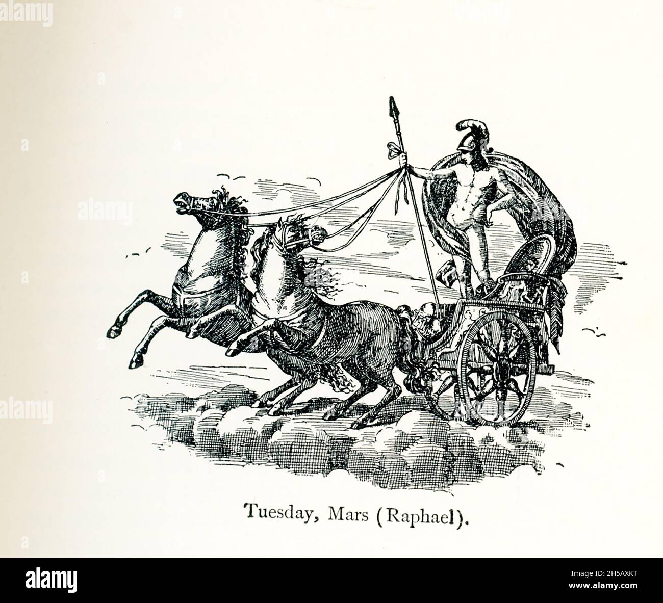 Questa illustrazione mostra il dio romano di guerra Marte nel suo carro a due cavalli. Risale al 1695, un'incisione di Lasinio, disegnata da un roundel nella pittura a soffitto (su disegni di Raffaello) della Sala Borgia in Vaticano che si basa su disegni del 1516 dell'artista italiano Raffaello. Foto Stock