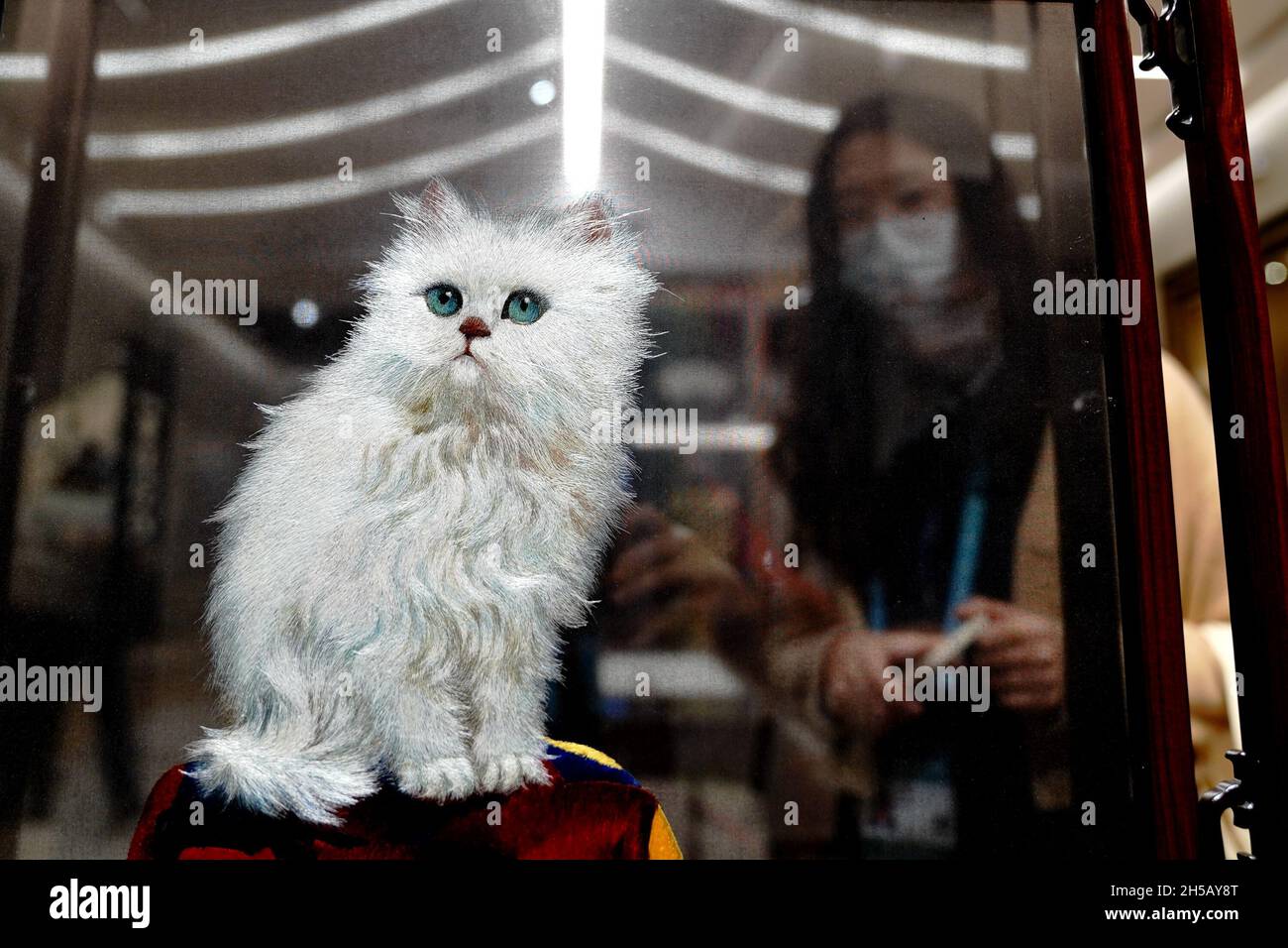 (211108) -- SHANGHAI, 8 novembre 2021 (Xinhua) -- una donna guarda un prodotto di ricamo dalla provincia di Jiangsu della Cina orientale mentre visita il China International Import Expo (CIIE) al National Exhibition and Convention Center (Shanghai) a Shanghai, Cina orientale, 8 novembre 2021. La quarta edizione della China International Import Expo (CIIE) si tiene a Shanghai dal 5 al 10 novembre. (Xinhua/Zhang Jiansong) Foto Stock