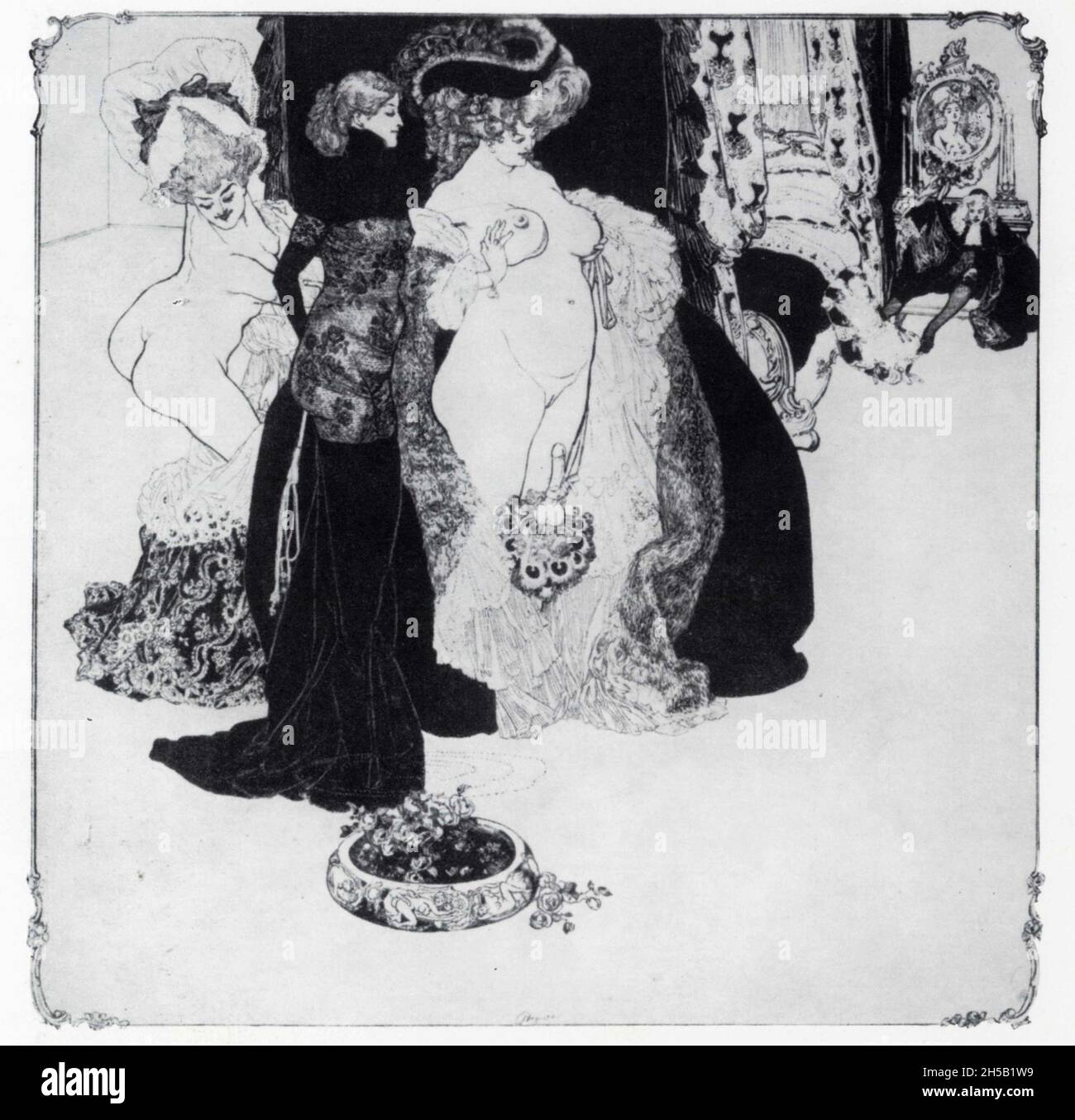 Franz von Bayros. L'olisbos à plumes de paon. Ex libris C.Muller. Pointe sèche. Foto Stock