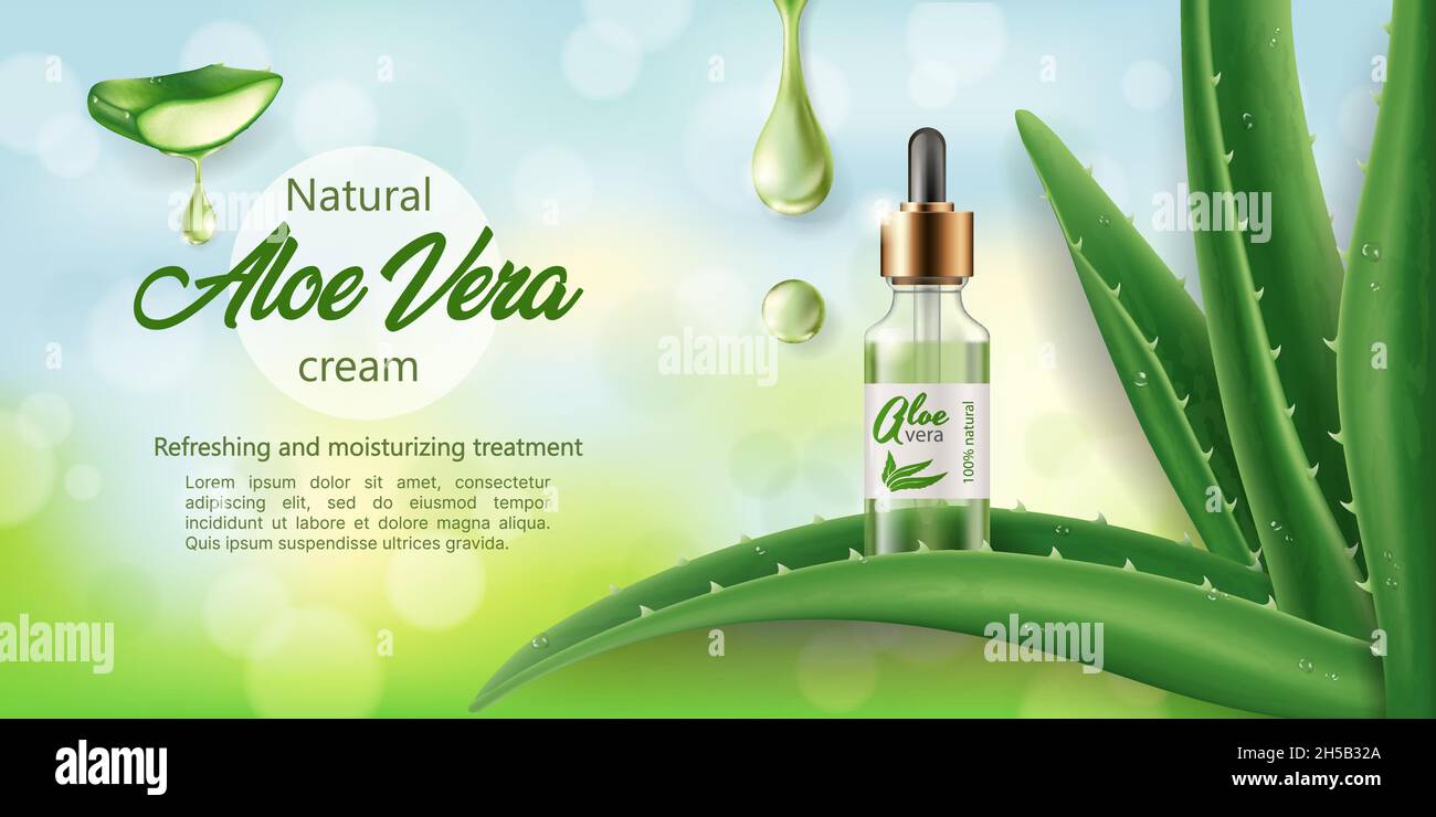 Banner di cosmetici naturali per la cura della pelle con Aloe vera, realistico vettore illustrazione primo piano Illustrazione Vettoriale