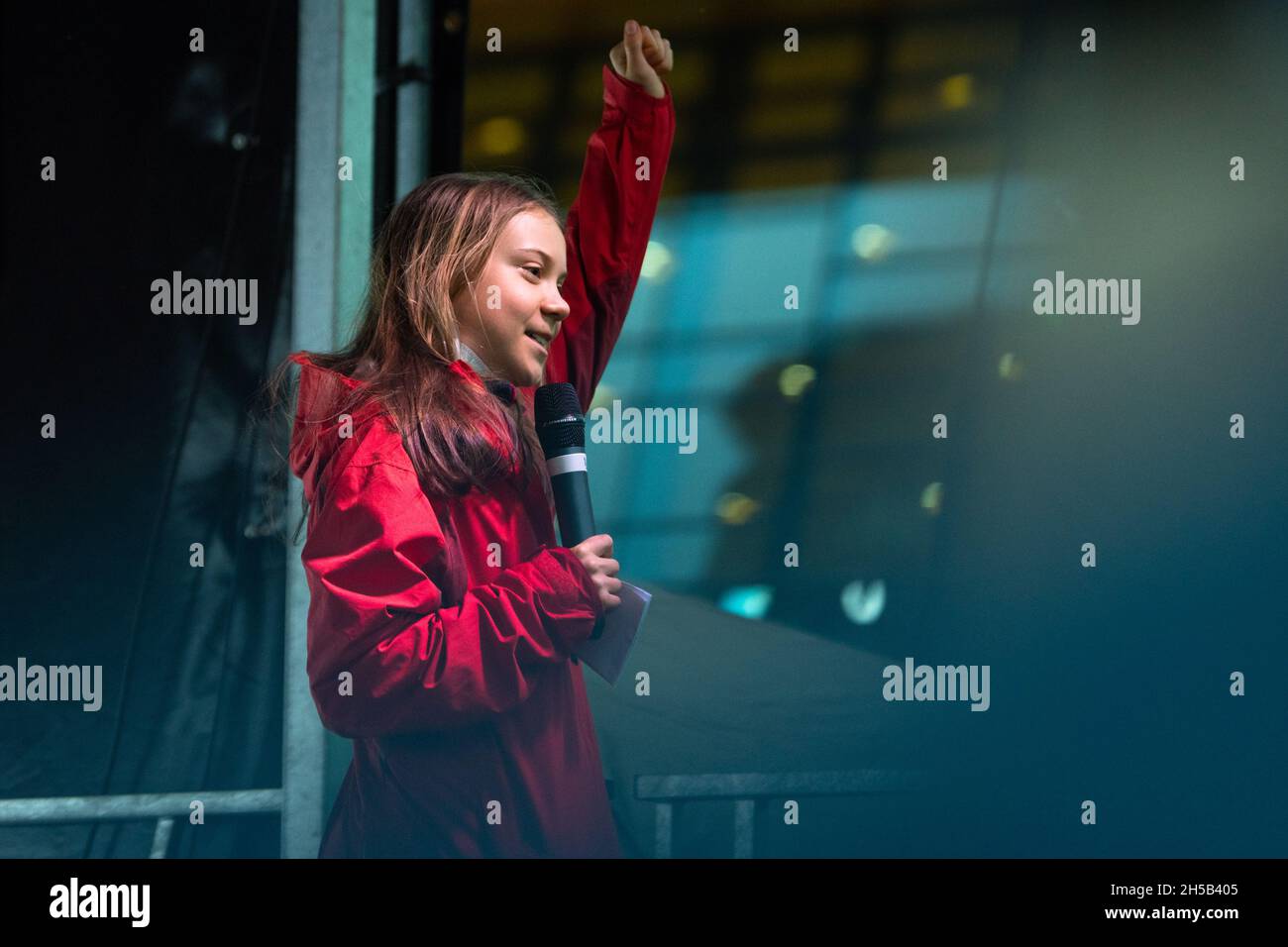 Greta Thunberg parla a Glasgow dopo il venerdì per il futuro 5 novembre 2021 durante COP26, Glasgow, Scozia, Regno Unito Foto Stock