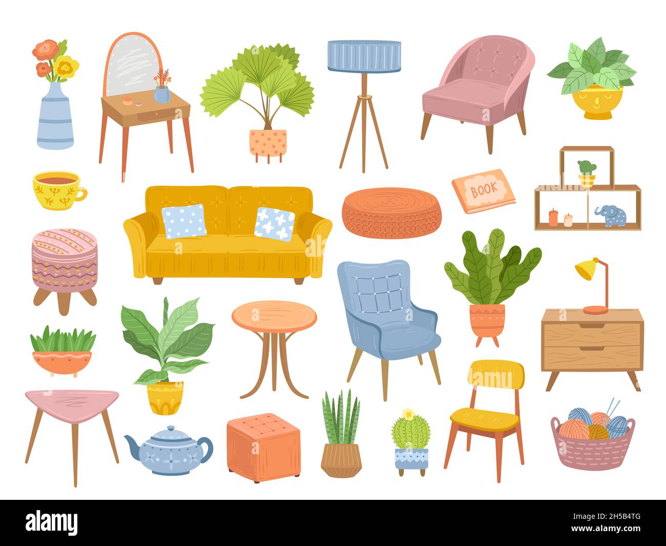 Mobili scandinavi. Isolato arredamento accogliente casa, sedia comfort e alla moda relax elementi interni. Set vettoriale esatto di piante di soggiorno Illustrazione Vettoriale