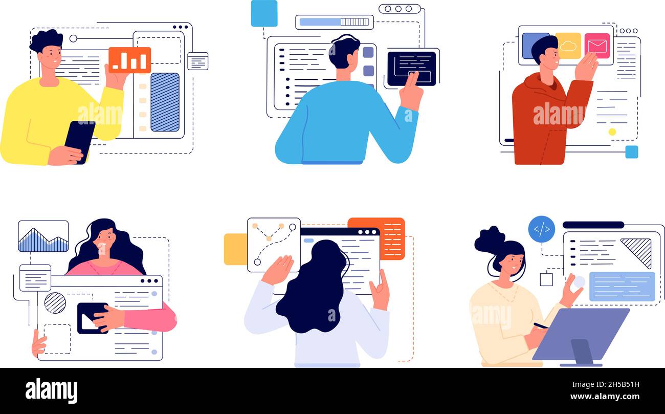 Le persone sviluppano app. Sviluppo Web, facile aggiornamento delle informazioni per gli sviluppatori. Banner astratti, applicazione telefonica o software designer utter vettore set Illustrazione Vettoriale