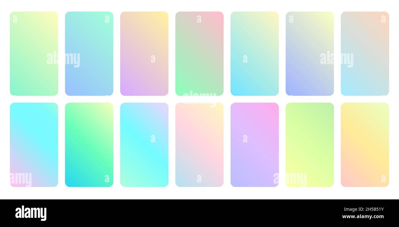 Gradiente pastello impostato. Gradienti morbidi e turchesi di bellezza, modello dello schermo dello smartphone. Elementi dell'interfaccia utente del telefono giallo blu verde. Sfondo vettoriale recente per dispositivi mobili Illustrazione Vettoriale Gradiente pastello impostato. Gradienti morbidi e turchesi di bellezza, modello dello schermo dello smartphone. Elementi dell'interfaccia utente del telefono giallo blu verde. Sfondo vettoriale recente per dispositivi mobili Illustrazione Vettoriale
