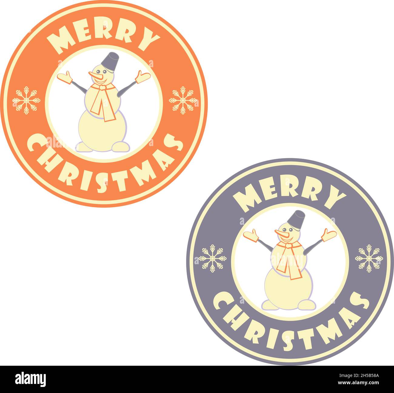 Set di due distintivi circolari con pupazzo di neve e testo di saluto buon Natale Illustrazione Vettoriale