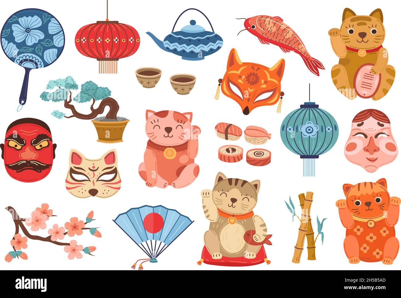 Viaggi in Giappone. Elementi di viaggio giapponesi, punti di riferimento asiatici. Flat cute neko gatti, maschera e montagna. Blossom sakura, collezione di vettori esatti di cultura Illustrazione Vettoriale