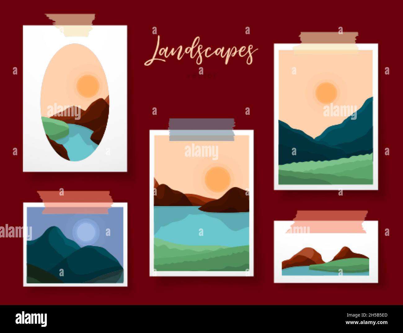 Carte paesaggio contemporanee. Paesaggi naturali, montagna di giorno o di notte. Poster con fiume, luna o sole e prato. Sfondi vettoriali Illustrazione Vettoriale