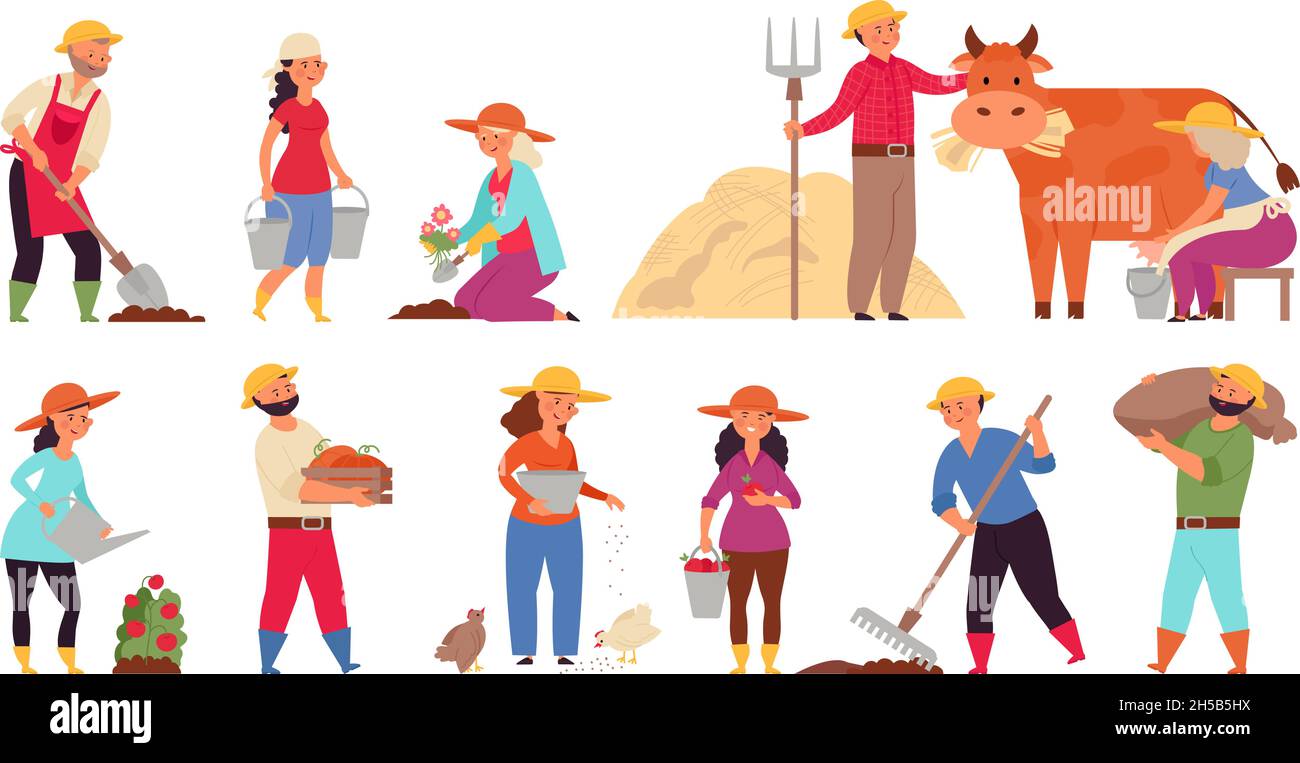 Personaggi contadini. Giardinaggio donne di lavoro, agricoltori nel lavoro di villaggio. Stagioni di raccolto, giardino agricolo isolato o piantagione decent vettore set Illustrazione Vettoriale