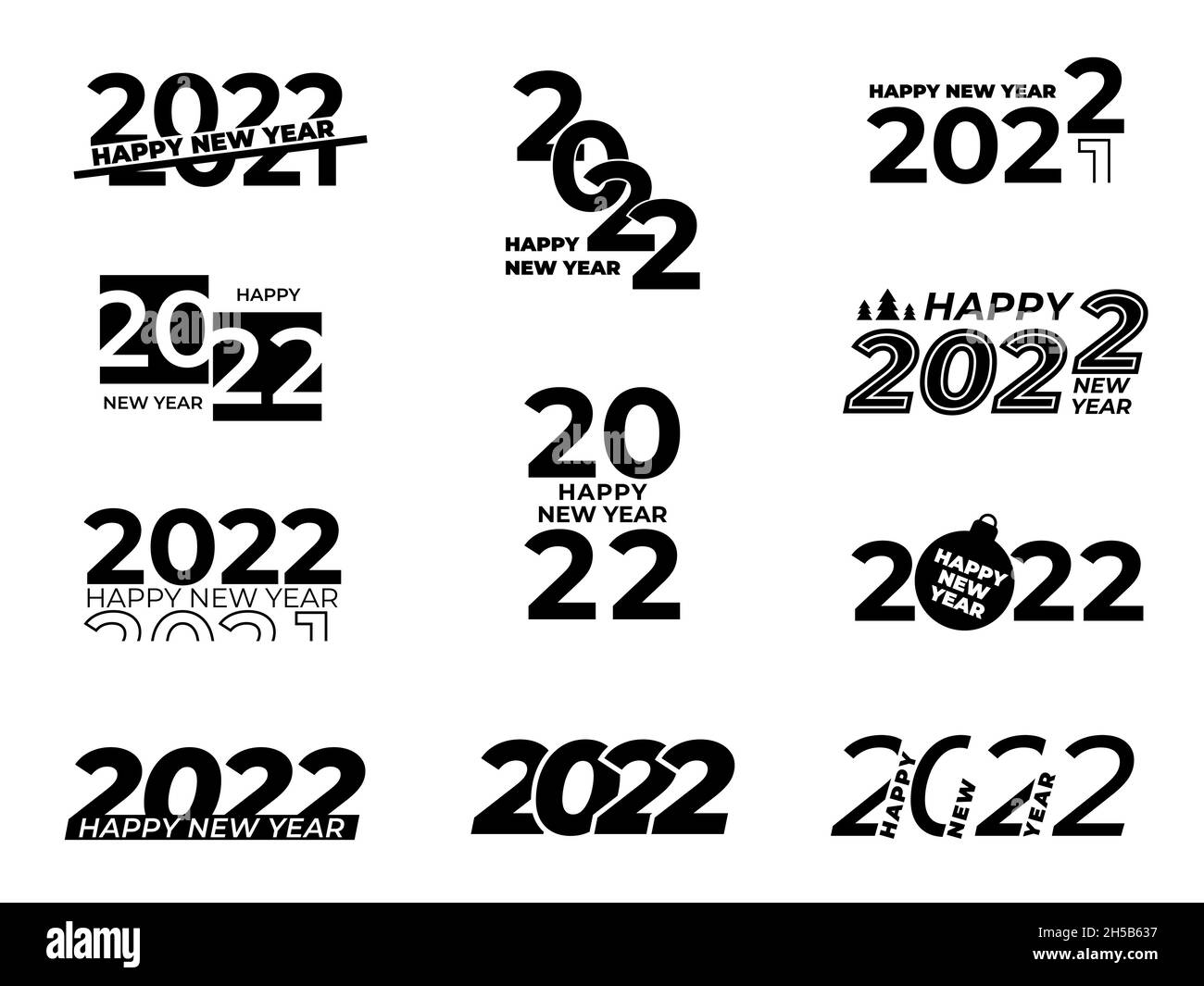 Etichette per il nuovo anno 2022. Felice anno nuovo 22, calendario numeri logo design. Segni di testo isolati, grafica tipografia celebrazione simboli vettoriali recenti Illustrazione Vettoriale