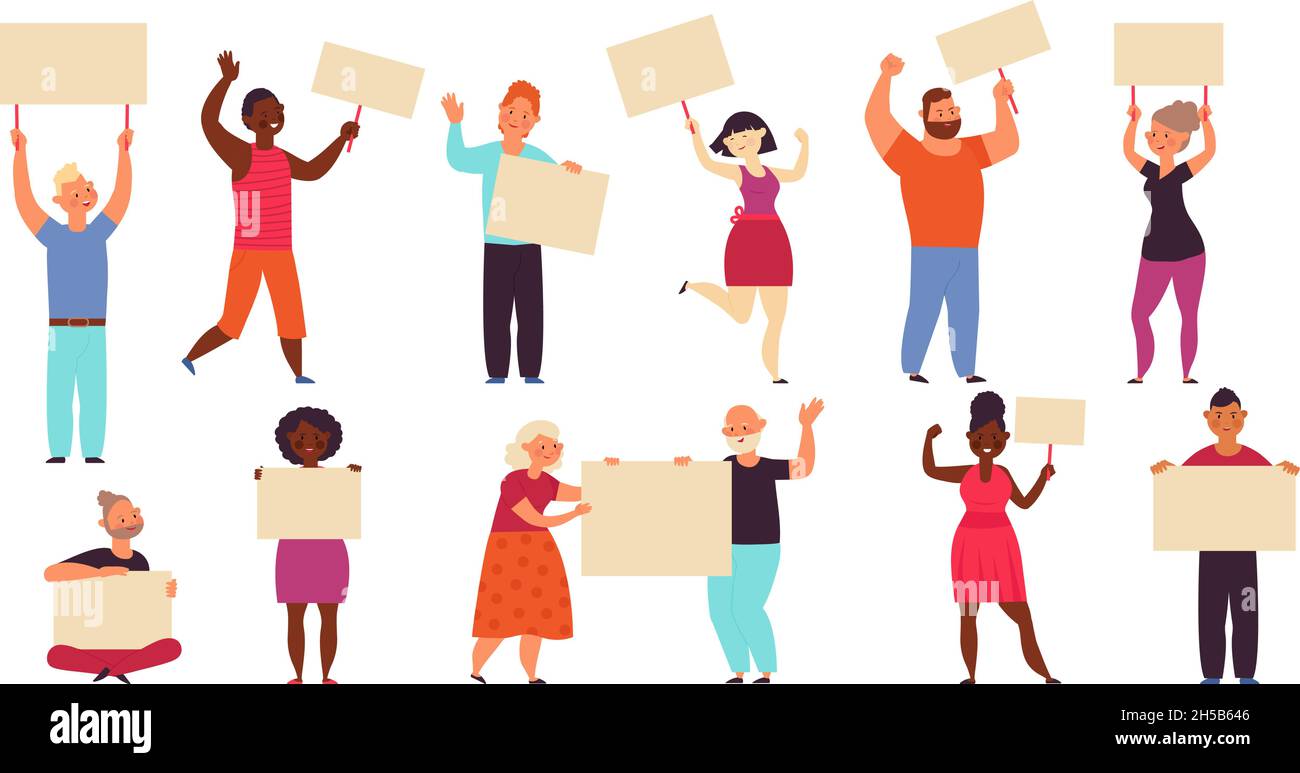 Persone con cartelli. Protesta a piedi, gruppo politico sfilata. Personaggi dimostrativi isolati, Street meeting o protestanti azione decente vettore set Illustrazione Vettoriale