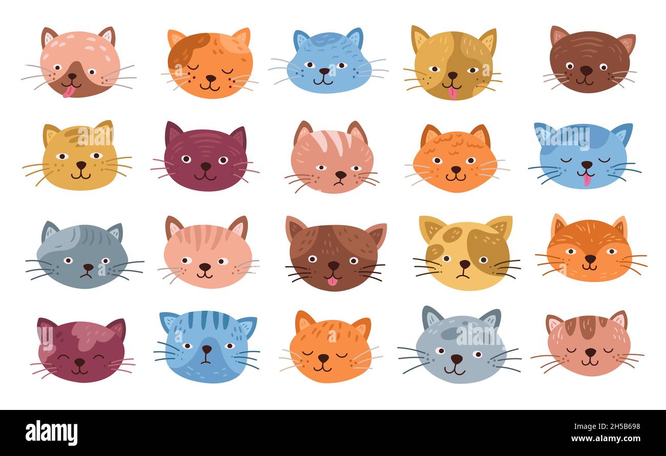 Facce divertenti dei gatti. Testa di gatto isolato, carino kitten cartoon sorride. Piccoli animali piatti emoji espressive, emozioni felici di animali set vettoriale esatto Illustrazione Vettoriale