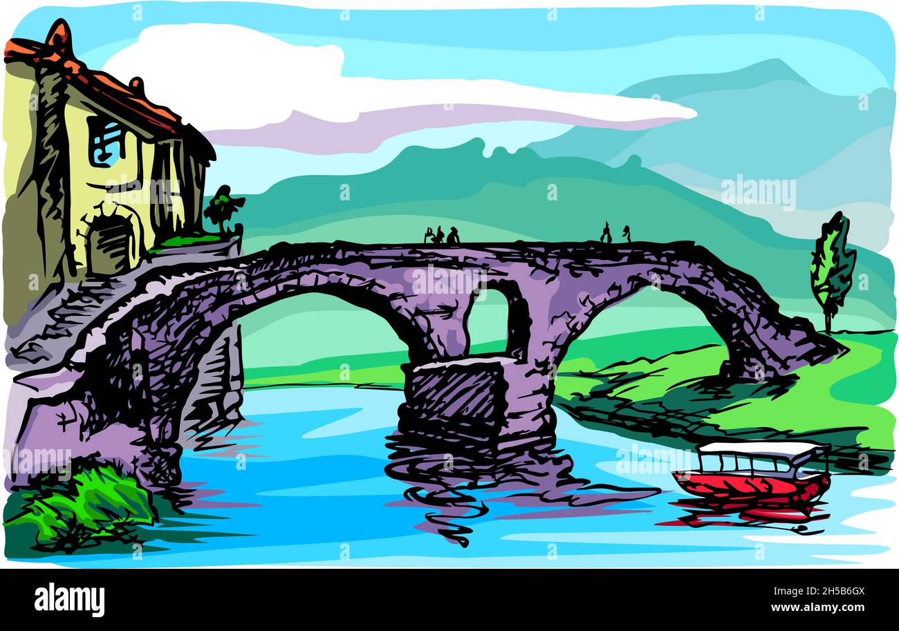 Il vecchio ponte in pietra sul fiume, un pezzo della città e una barca da diporto in una giornata estiva di sole sullo sfondo delle montagne. Illustrazione Vettoriale