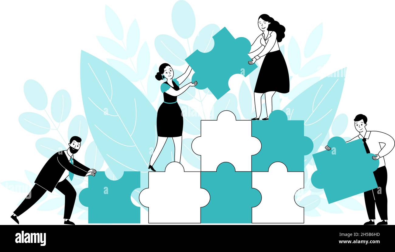 Ufficio persone con puzzle. Concetto di collaborazione tra team, lavoro creativo e creazione di idee aziendali. Persona piatta, partner aziendali decenti caratteri vettoriali Illustrazione Vettoriale