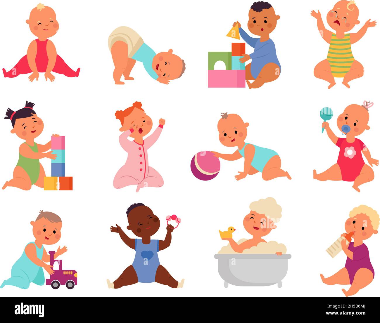 Personaggi del neonato. Cute toddler, bambini isolati con giocattoli. I  bambini del sorriso del cartone animato, ragazza piccola attiva felice del  ragazzo in insieme decent del vettore del pannolino Immagine e Vettoriale -