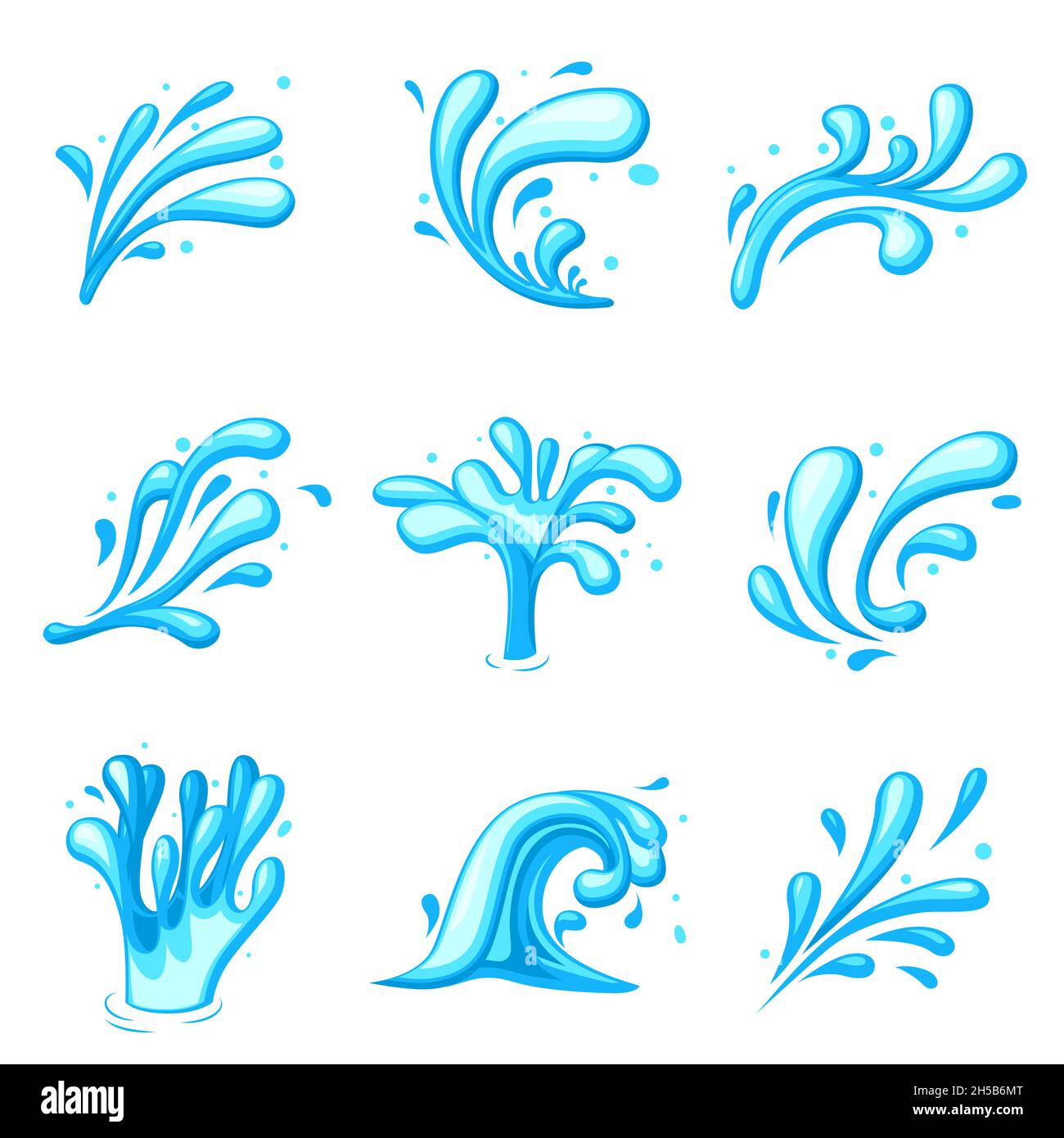 Spruzzi d'acqua Cartoon. Energia spruzza clipart, flusso di turbolenza blu liquido. Potenza del mare ondulato, flusso umido isolato e gocce elementi vettoriali recenti Illustrazione Vettoriale