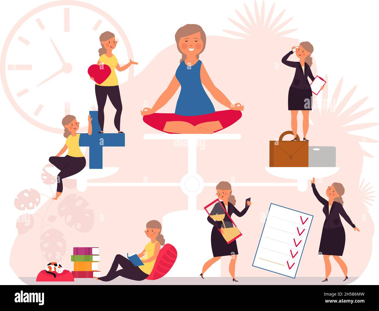 Equilibrio di vita. Parità di lavoro nel campo della salute, lavoro duro da parte delle donne. Donna su bilancia, controllo dello stress e cura. Business house soldi equilibrando concetto vettoriale decente Illustrazione Vettoriale