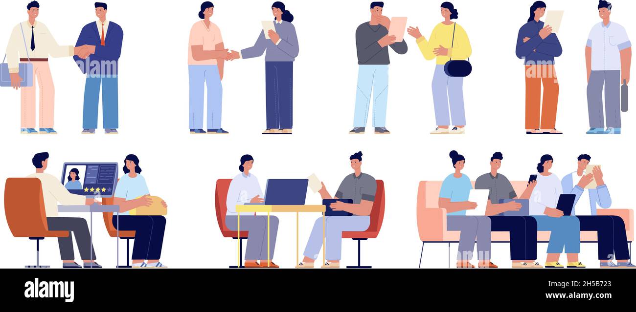 Reclutamento dell'ora aziendale. I professionisti si incontrano, reclutano intervista di lavoro. Uomo con computer intervistato dipendenti. Set di vettori utter per la gestione del personale Illustrazione Vettoriale