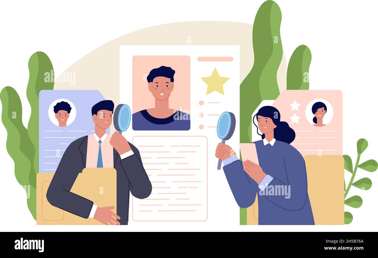 Risorse umane aziendali. Il team di responsabili delle risorse umane assume personale. Moduli di domanda, ricerca reclutare talenti umani. Business carriera utter concetto vettoriale Illustrazione Vettoriale