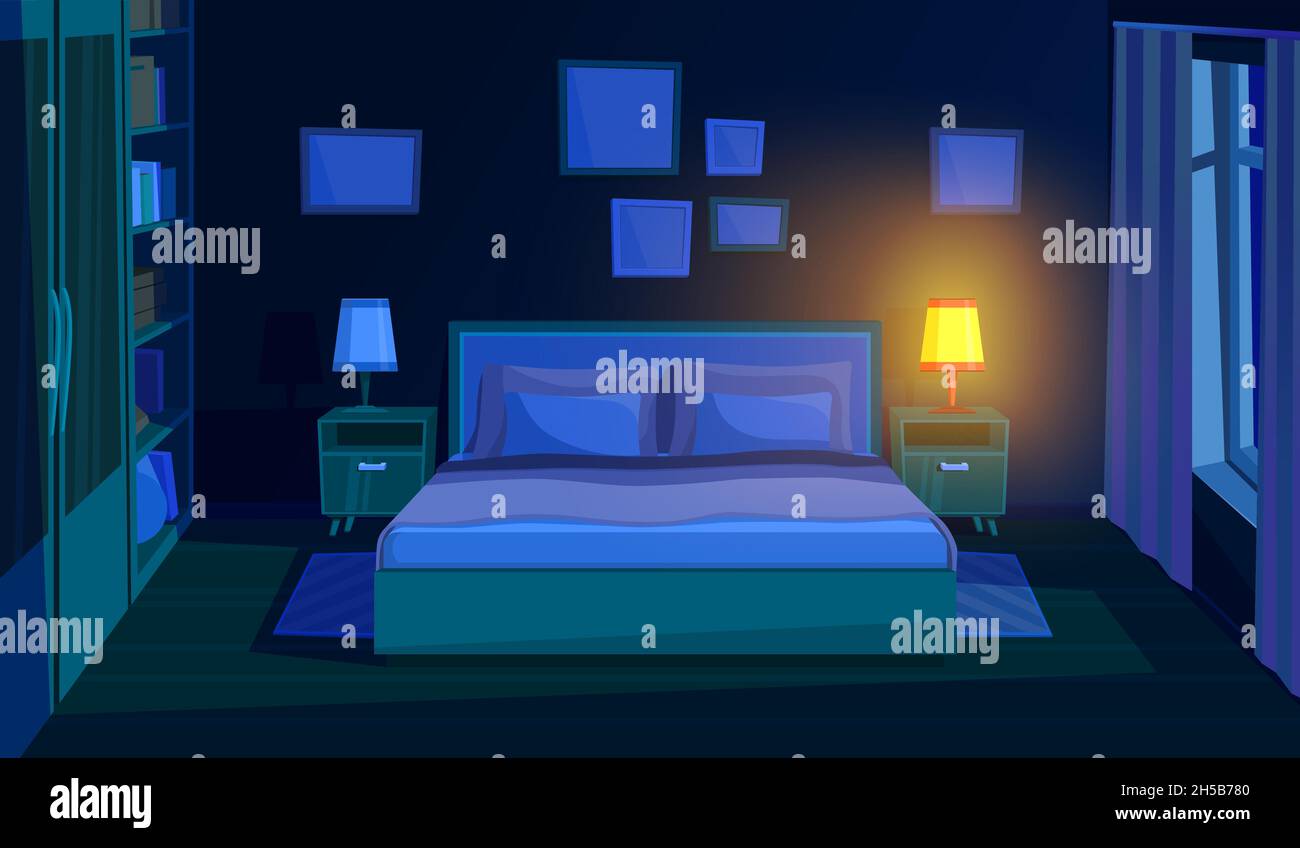Camera da letto di notte. Letto da sera, interno della camera con luce lunare. Finestra oscura, cartoon moderno vuoto casa a dormire ora illustrazione vettoriale recente Illustrazione Vettoriale