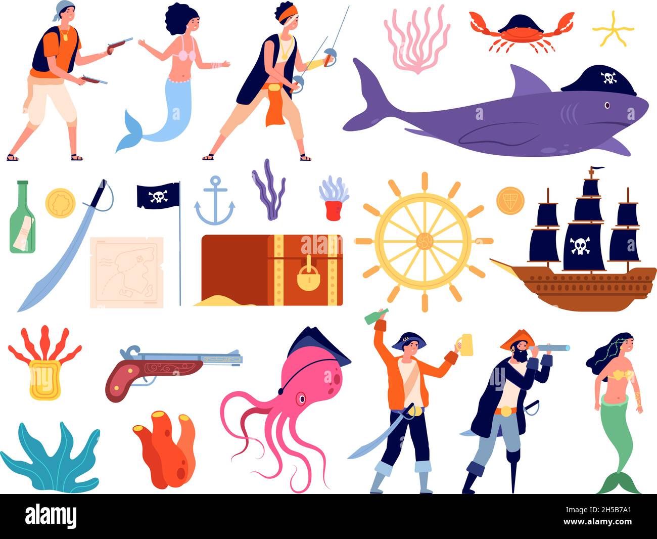 Avventure marine. Squadra di marinai, divertente barca a mare ed elementi pirati. Vita subacquea, viaggi estivi cartoni animati. Carino utter oceano fauna selvatica vettore set Illustrazione Vettoriale