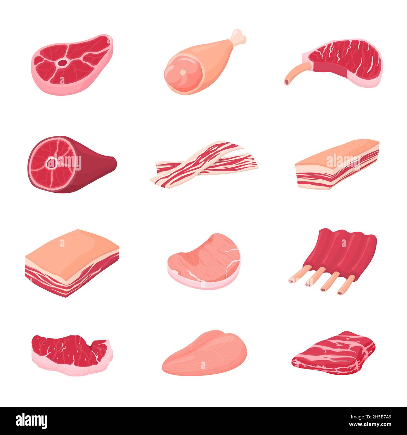 Prodotti a base di carne. Carni fresche e gustose, costolette isolate di carne di maiale cruda. Filetto di pollo, pranzo e cena. Pezzi di sirloins, macelleria mercato recente vettore set Illustrazione Vettoriale