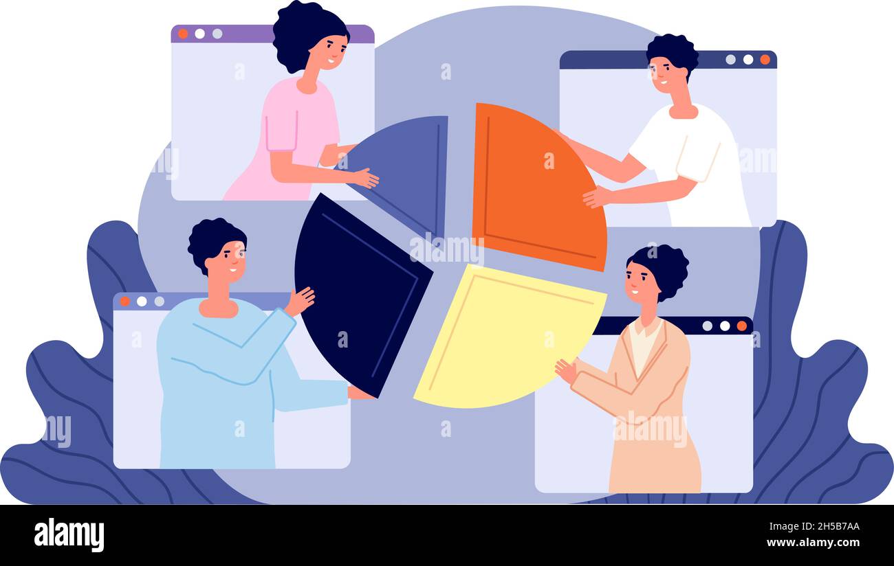 Collaborazione aziendale online. Progetto di assistenza, brainstorm remoto innovativo. Analisi insieme, giovane creativo che incontra il concetto di vettore assoluto Illustrazione Vettoriale