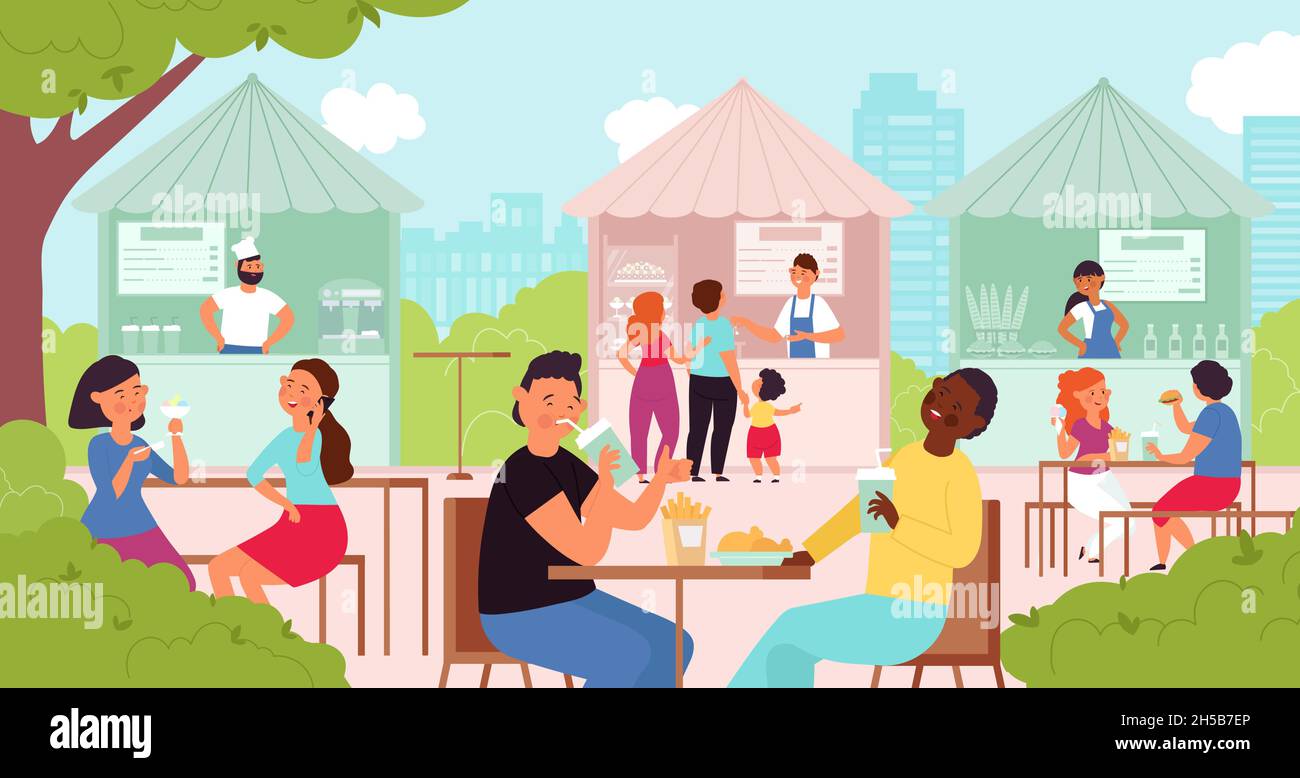 Persone in estate caffè. Tavolo all'aperto, pranzo in ristorante di strada. Diversità persone nel parco, festival del cibo o mercato decente concetto vettoriale Illustrazione Vettoriale