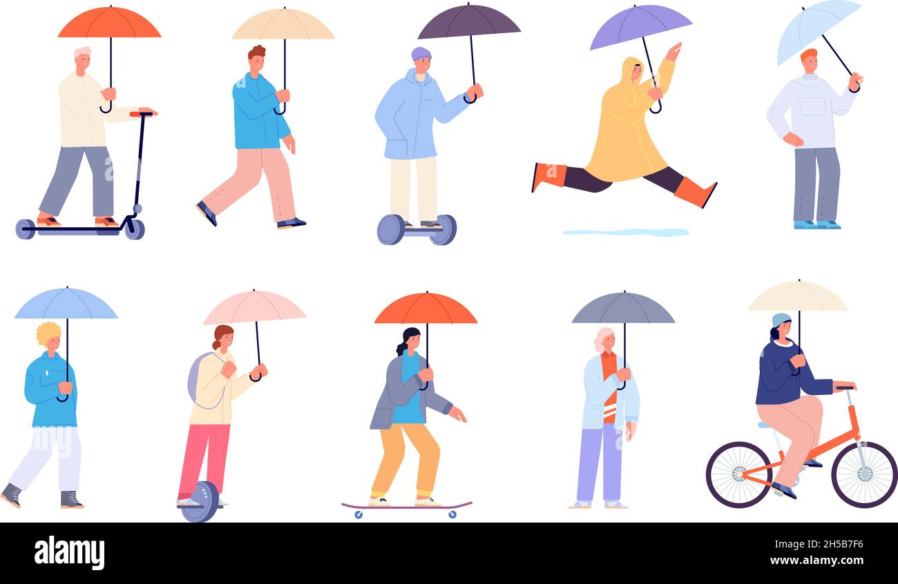 Personaggi del giorno piovoso. Impermeabile e ombrello per le persone. Lavoratore in bicicletta, persone carine tenere ombrelloni. Autunno tempo esterno passeggiata utter vettore set Illustrazione Vettoriale