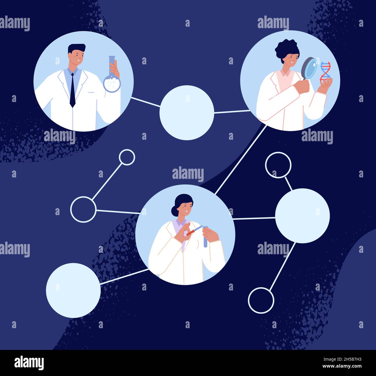 Scienziati al lavoro. Atto di ricerca piatto, strumento di lavoro dello scienziato. Il team della tecnologia chimica lavora sulla distanza nel concetto vettoriale dell'utter di laboratorio Illustrazione Vettoriale