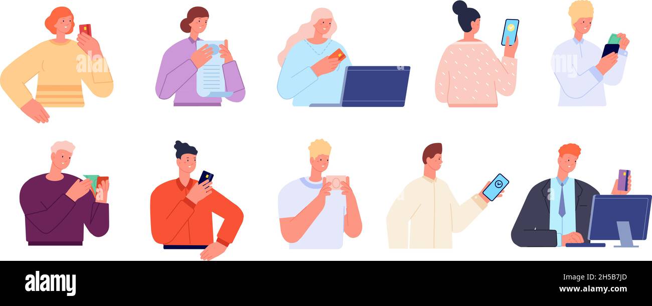 Persone con pagamenti. Carte regalo, persona paga carta di plastica o smartphone. Caratteri vettoriali per pagamento mobile, conto di tenuta del cliente o assegno Illustrazione Vettoriale